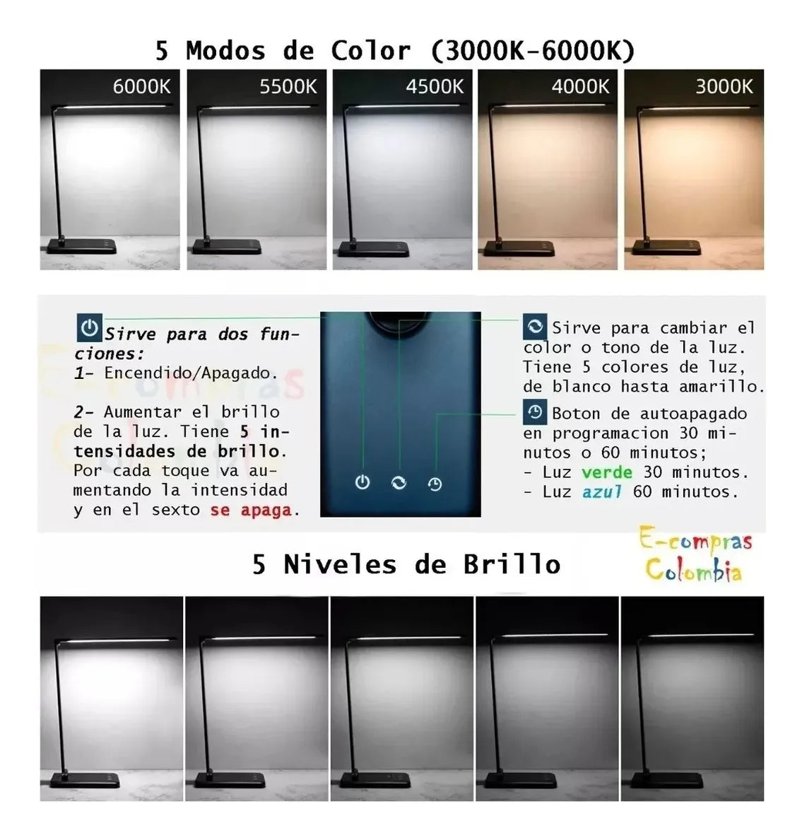 Lámpara LED de Escritorio 5 Modos de Luz con Cargador Original – Brazo Ajustable, Luz Regulable 3000K–6000K