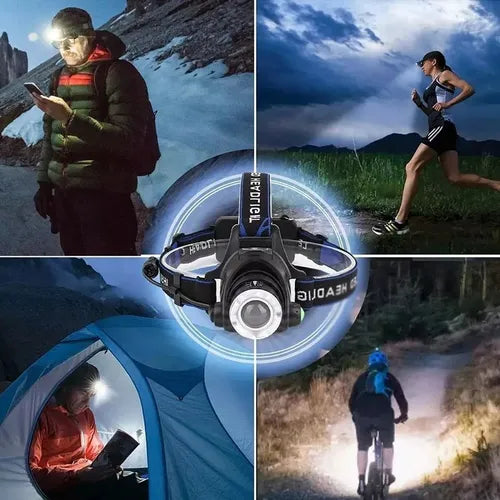 Linterna de Cabeza T6 LED Recargable 20000 Lúmenes con 4 Baterías y Estuche Militar