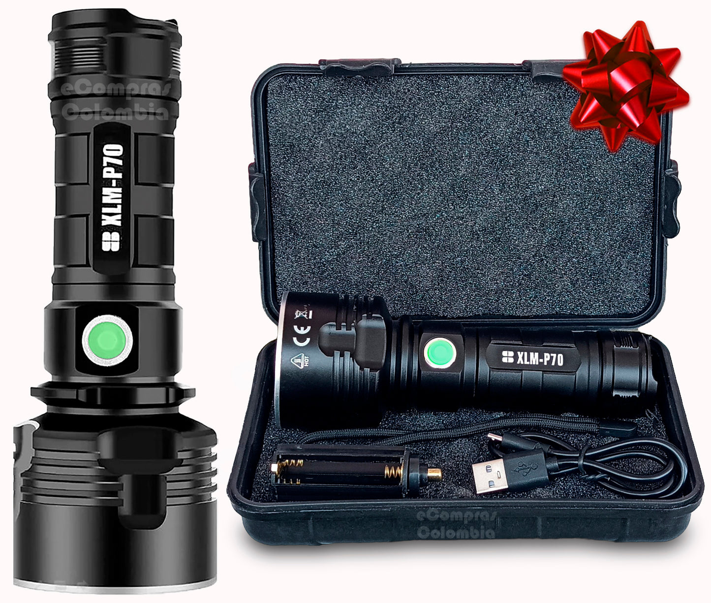 Linterna LED P70 de 30000 lúmenes con estuche militar, dos baterías 18650 y cable USB de carga rápida.