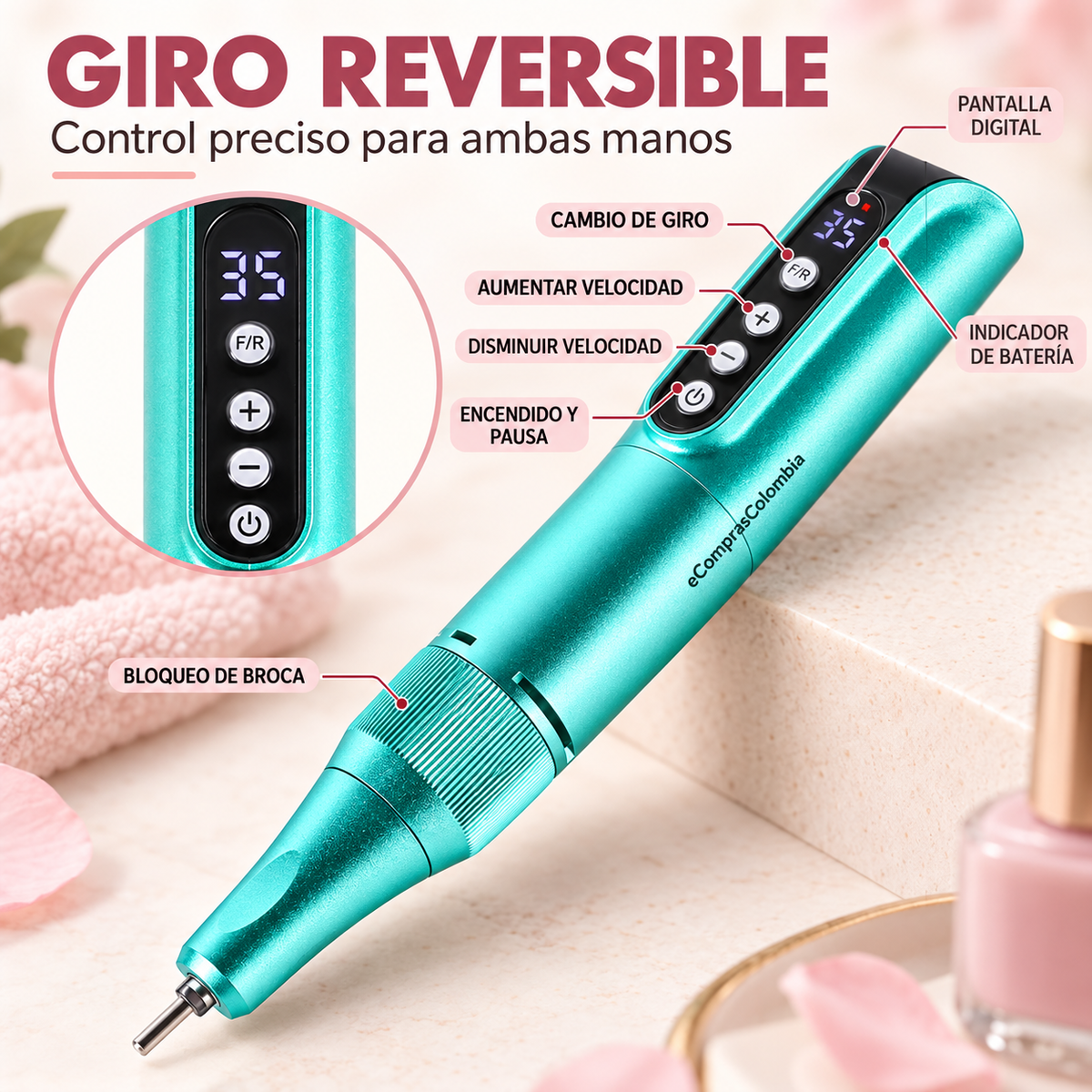 Pulidor Eléctrico de Uñas Recargable 35.000 RPM Tipo C – Acero Inoxidable