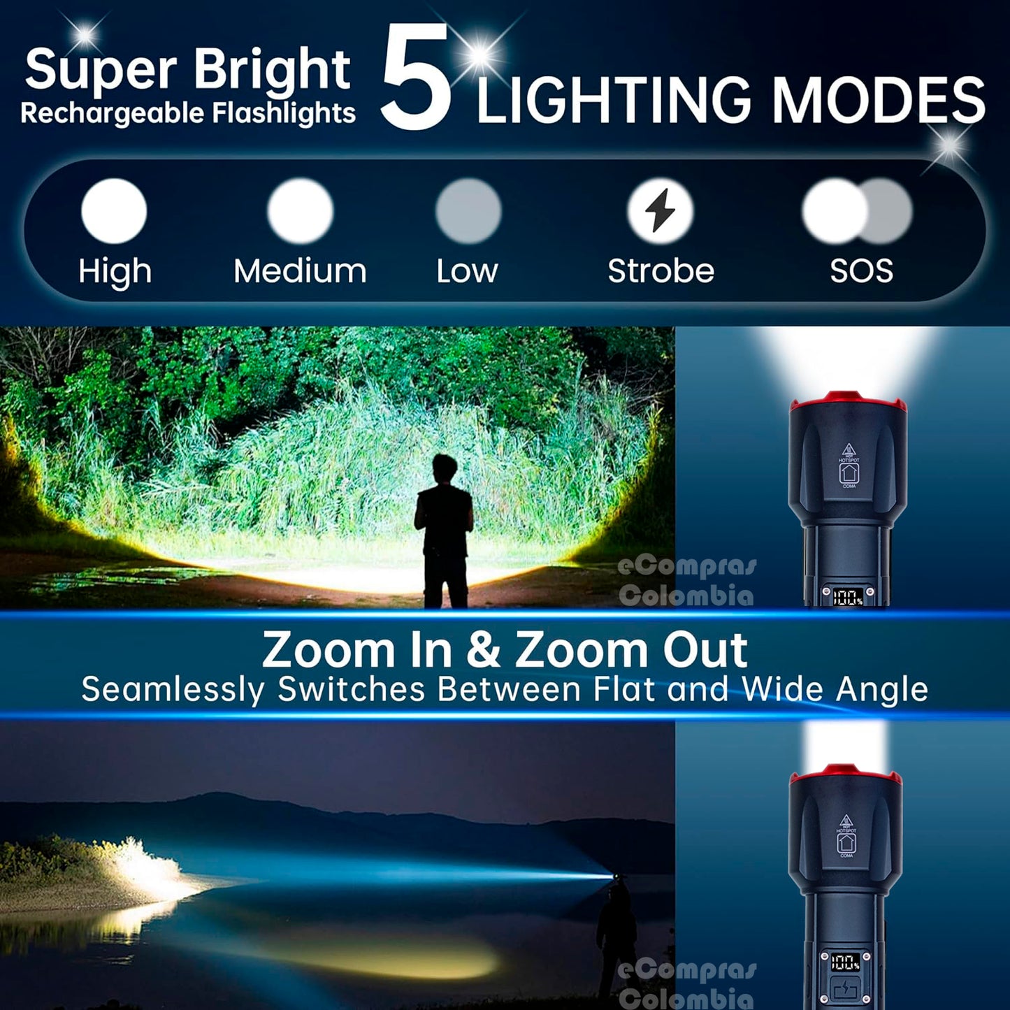 Linterna LED de largo alcance con zoom ajustable y haz concentrado, y 5 modos de luz, alto, medio , bajo, estroboscopico y emergencia (SOS)