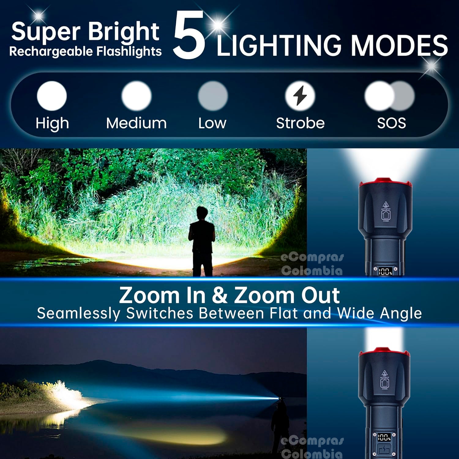 Linterna LED de largo alcance con zoom ajustable y haz concentrado, y 5 modos de luz, alto, medio , bajo, estroboscopico y emergencia (SOS)