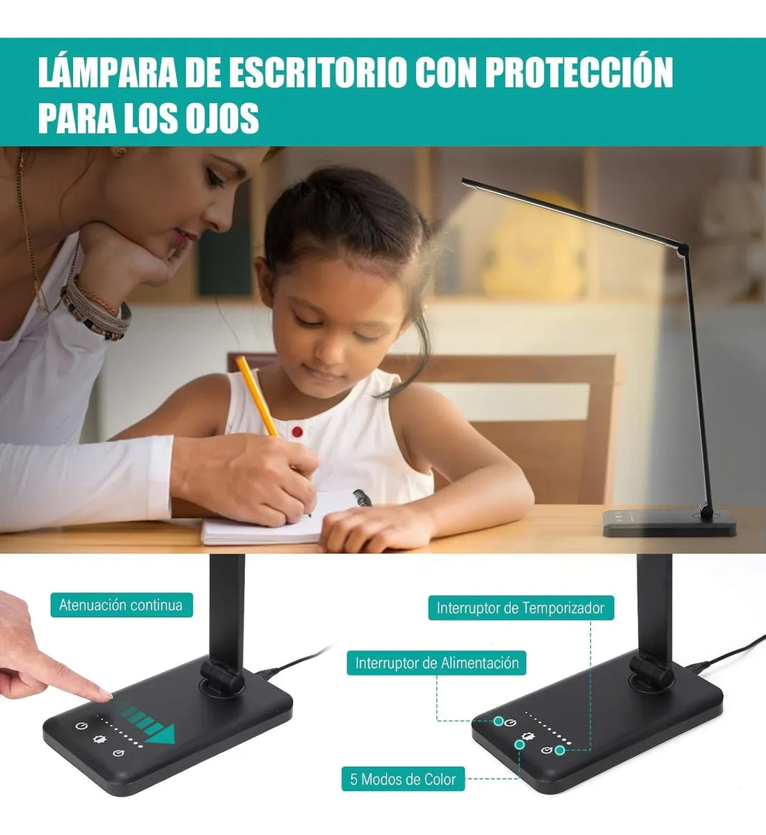 Lámpara LED de Escritorio 5 Modos de Luz con Cargador Original – Brazo Ajustable, Luz Regulable 3000K–6000K