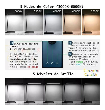 Lámpara LED de Escritorio 5 Modos de Luz con Cargador Original – Brazo Ajustable, Luz Regulable 3000K–6000K
