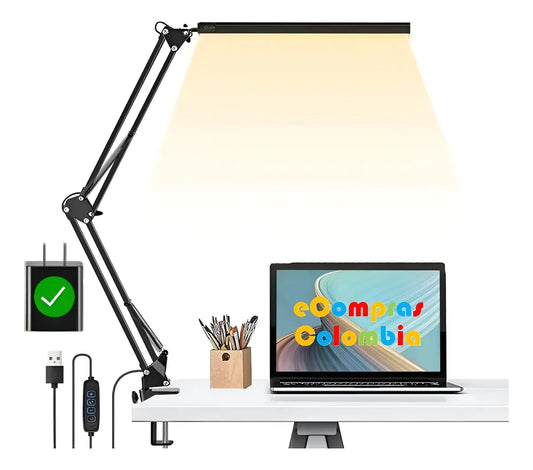 Lámpara LED de escritorio 14W con brazo articulado, doble panel y abrazadera metálica, incluye cargador de pared 5V/2A para iluminación potente y estable en oficina o estudio.