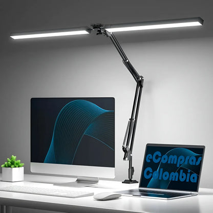 Lámpara de escritorio LED de doble panel con brazo articulado, ideal para oficina en casa, estudio y trabajo frente al computador. Iluminación uniforme para escritorio con abrazadera metálica.