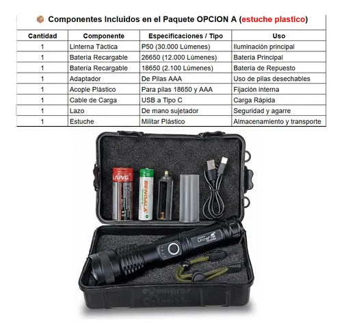 Linterna Recargable Led P50 Tactica Alta Potencia Militar 800 Metros