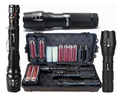 Foto principal del kit completo
Kit de 3 linternas tácticas LED con estuche militar, baterías 18650, cargadores y adaptadores AAA.