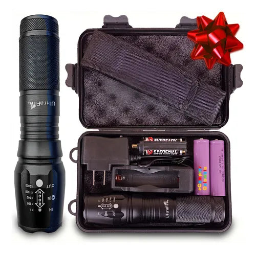 Linterna táctica militar LED potente de 20000 lúmenes con estuche rígido, baterías 18650, cargador y funda para cinturón. Tiene un moño de regalo
