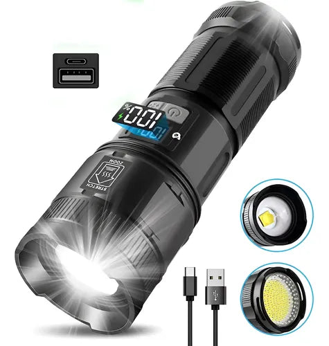 Foto principal de la linterna:
Linterna LED super potente de 120000 lúmenes con cuerpo de aluminio, zoom ajustable y pantalla digital de batería.