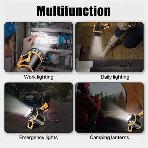Linterna LED Brightenlux de 6000K iluminando en luz blanca natural para camping y pesca nocturna.