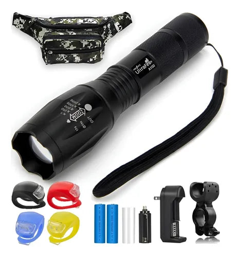 Linterna táctica LED CREE T6 con canguro militar, soporte para bicicleta, baterías 18650, cargador y sapitos reflectivos.