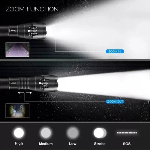 Linterna Táctica LED CREE T6 15000 Lúmenes con Zoom + Canguro Militar + Soporte para Bicicleta y Sapitos