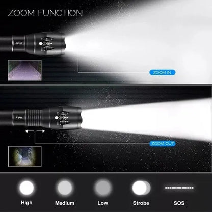 Linterna Táctica LED CREE T6 15000 Lúmenes con Zoom + Canguro Militar + Soporte para Bicicleta y Sapitos