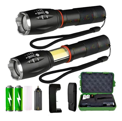 Linterna táctica LED con luz COB e imán, baterías 18650, cargador, funda y estuche resistente.