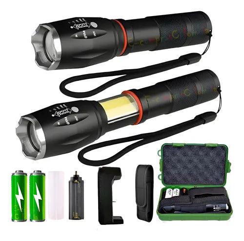 Linterna táctica LED con luz COB e imán, baterías 18650, cargador, funda y estuche resistente.