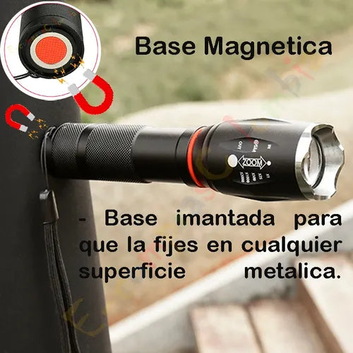 Linterna táctica con imán trasero para fijación en superficies metálicas.
