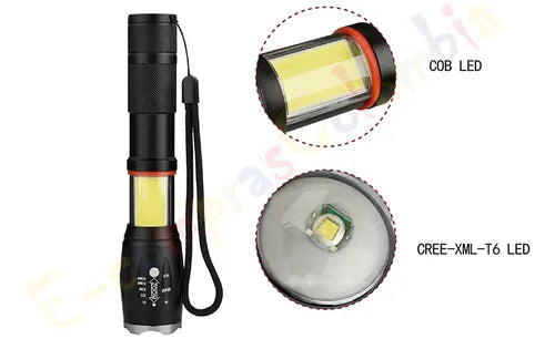 Linterna LED con panel COB de 10 LEDs para iluminación amplia en trabajos o emergencias.