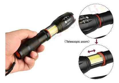 Linterna táctica LED T6 de 6 modos con luz COB y cuerpo de aluminio en color negro.