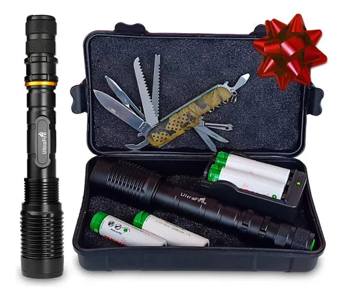 Kit linterna LED XML T6 con multiherramienta 13 en 1, baterías 18650, cargador y estuche rígido.