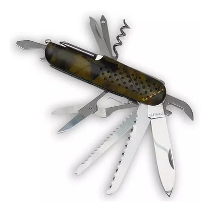 Multiherramienta de 13 funciones metálica para camping y emergencias, incluida en el kit.