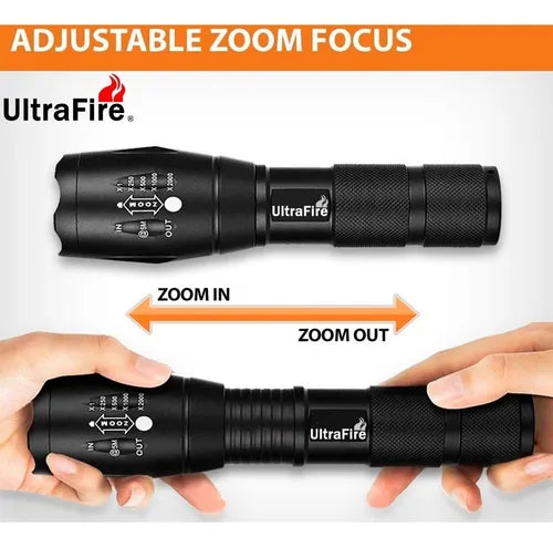 Linterna táctica UltraFire LED T6 con zoom ajustable en cuerpo de aluminio negro.