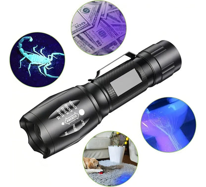 Linterna UV 395NM recargable con luz morada y luz blanca para detección de manchas y verificación de billetes