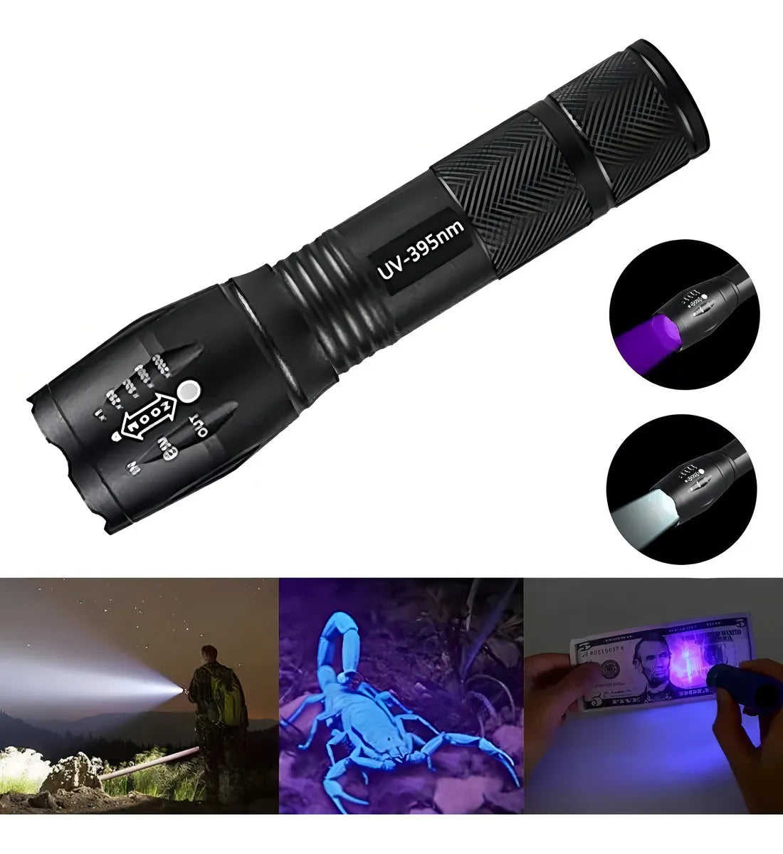 Linterna UV 395NM Recargable – Detección de Manchas, Billetes, Hongos y Minerales | Luz LED Blanca + Morada