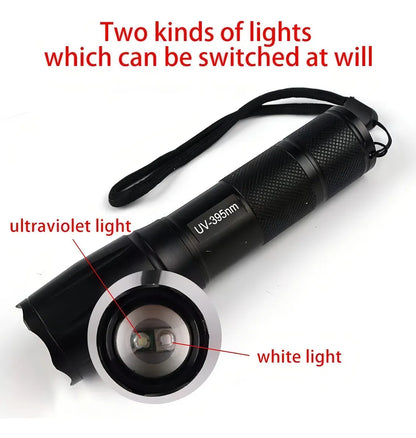 Linterna UV 395NM Recargable – Detección de Manchas, Billetes, Hongos y Minerales | Luz LED Blanca + Morada