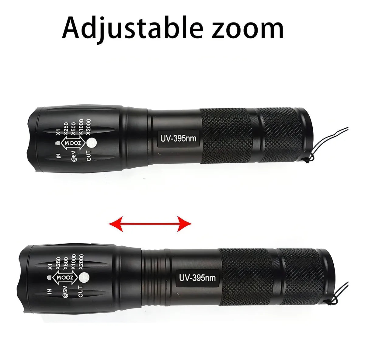 Linterna UV con ajuste de campo visual para inspección focalizada o amplia.