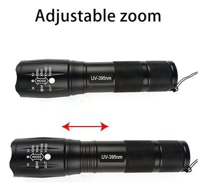 Linterna UV con ajuste de campo visual para inspección focalizada o amplia.