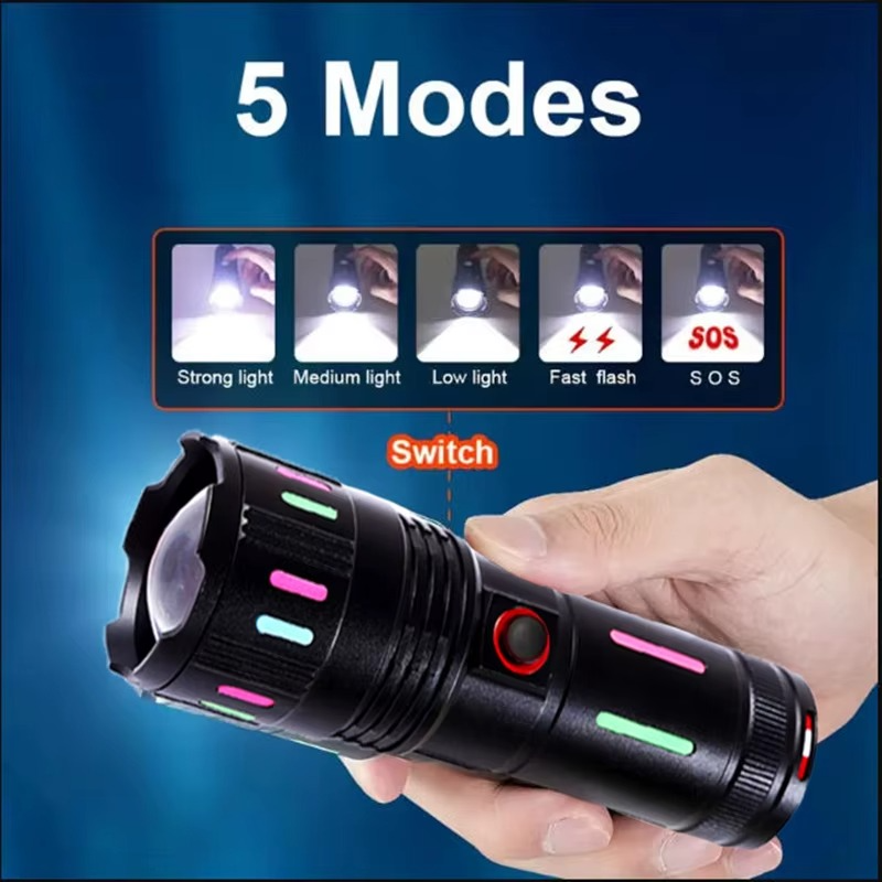 Linterna LED recargable con cinco modos de luz alto medio bajo estroboscópico y SOS