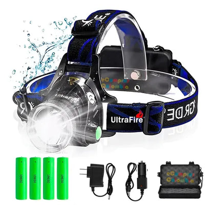 interna de cabeza UltraFire T6 LED recargable 20000 lúmenes con 4 baterías y estuche militar resistente, ideal para minería, camping y seguridad privada