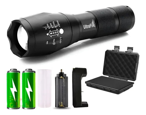 Kit de linterna UltraFire LED T6 con batería 18650, cargador, adaptador AAA y estuche resistente.