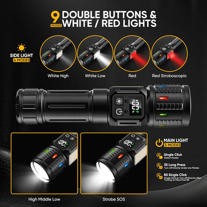 Linterna táctica con 9 modos de luz blanca y roja frontal y lateral COB