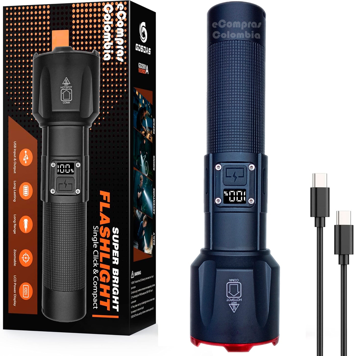 kit Linterna LED potente recargable USB C de largo alcance con enfoque ajustable con empaque original y cable tipo c