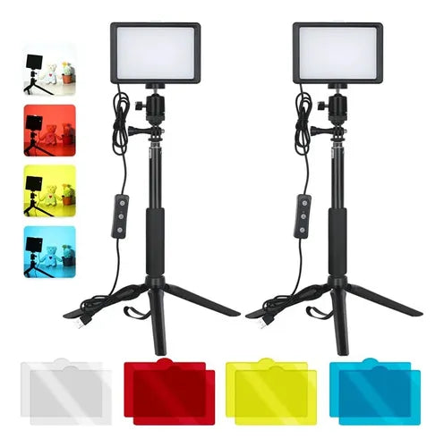 Kit de iluminación LED alto para fotografía y streaming con paneles de 120 LEDs, trípode extensible a 116 cm y filtros de color.