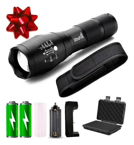 Linterna ULTRAFIRE T6 recargable con estuche, baterías 18650, cargador y accesorios completos.