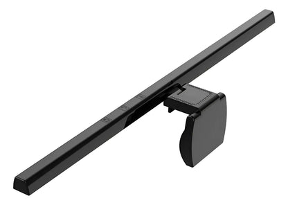 Lámpara LED superior para monitor con diseño asimétrico sin reflejos, ajuste de brillo y temperatura de color, compatible con pantallas planas o curvas.