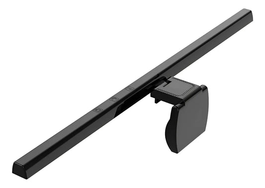 Lámpara LED superior para monitor con diseño asimétrico sin reflejos, ajuste de brillo y temperatura de color, compatible con pantallas planas o curvas.