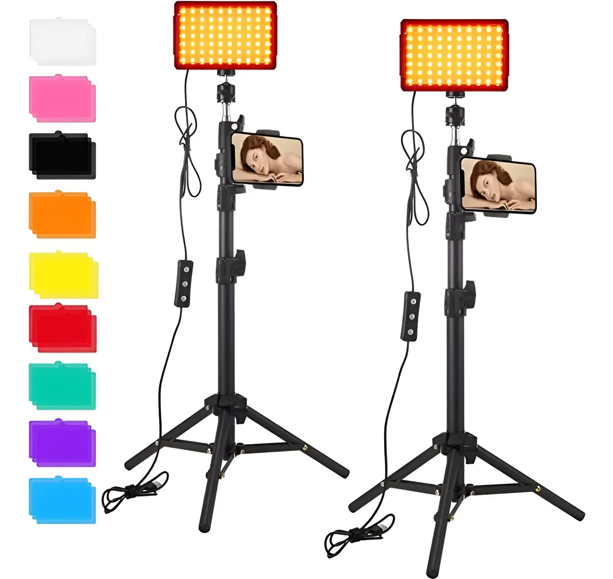 Kit de iluminación LED para fotografía y maquillaje con dos paneles, trípodes ajustables, filtros de color y soportes para celular.