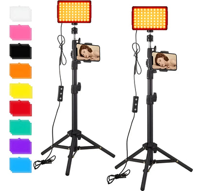 Kit de iluminación LED para fotografía y maquillaje con dos paneles, trípodes ajustables, filtros de color y soportes para celular.