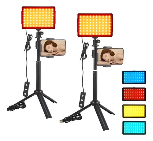 Kit de iluminación LED para maquillaje y fotografía con dos paneles, trípodes pequeños ajustables y cuatro filtros de color.