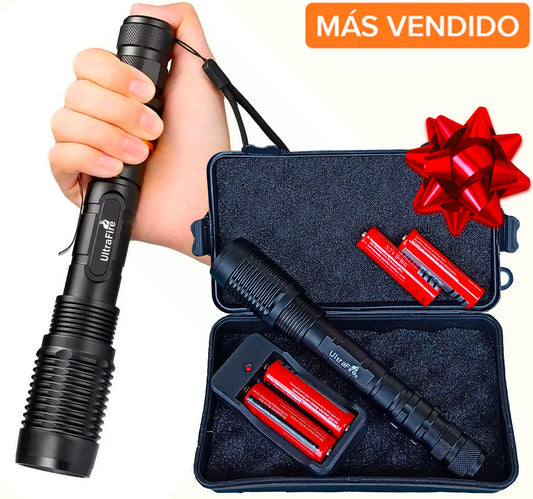 Kit linterna militar recargable XML T6  linterna 22cm largo, 4 baterias 18650, cargador de pared y estuche militar