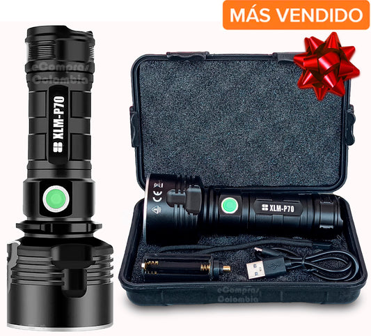 Portada kit Linterna recargable XML P70 con estuche plastico y cable de carga