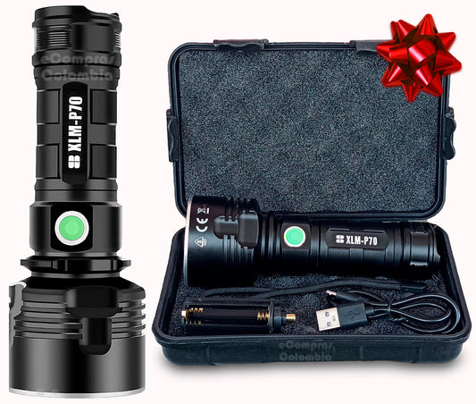 Linterna LED P70 de 30000 lúmenes con estuche militar, dos baterías 18650 y cable USB de carga rápida.