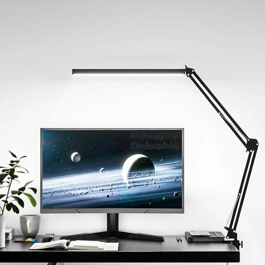 Lámpara LED de escritorio 14W con brazo articulado y abrazadera metálica, alimentada por USB 5V/2A, ideal para computador, estudio, lectura y trabajo en casa.