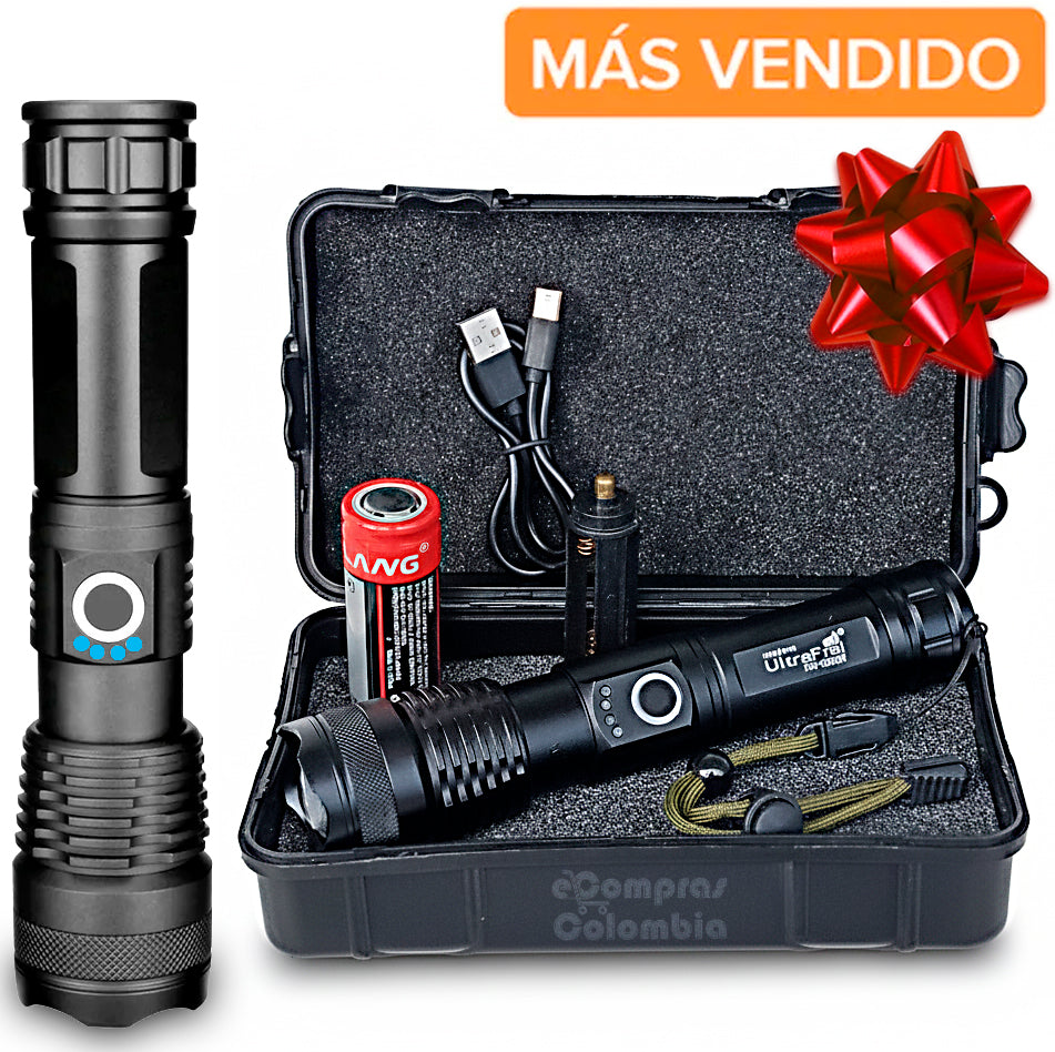 Portada kit linterna led Recargable incluye estuche y accesorio, linterna XML CREE P50 