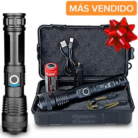 Portada kit linterna led Recargable incluye estuche y accesorio, linterna XML CREE P50 