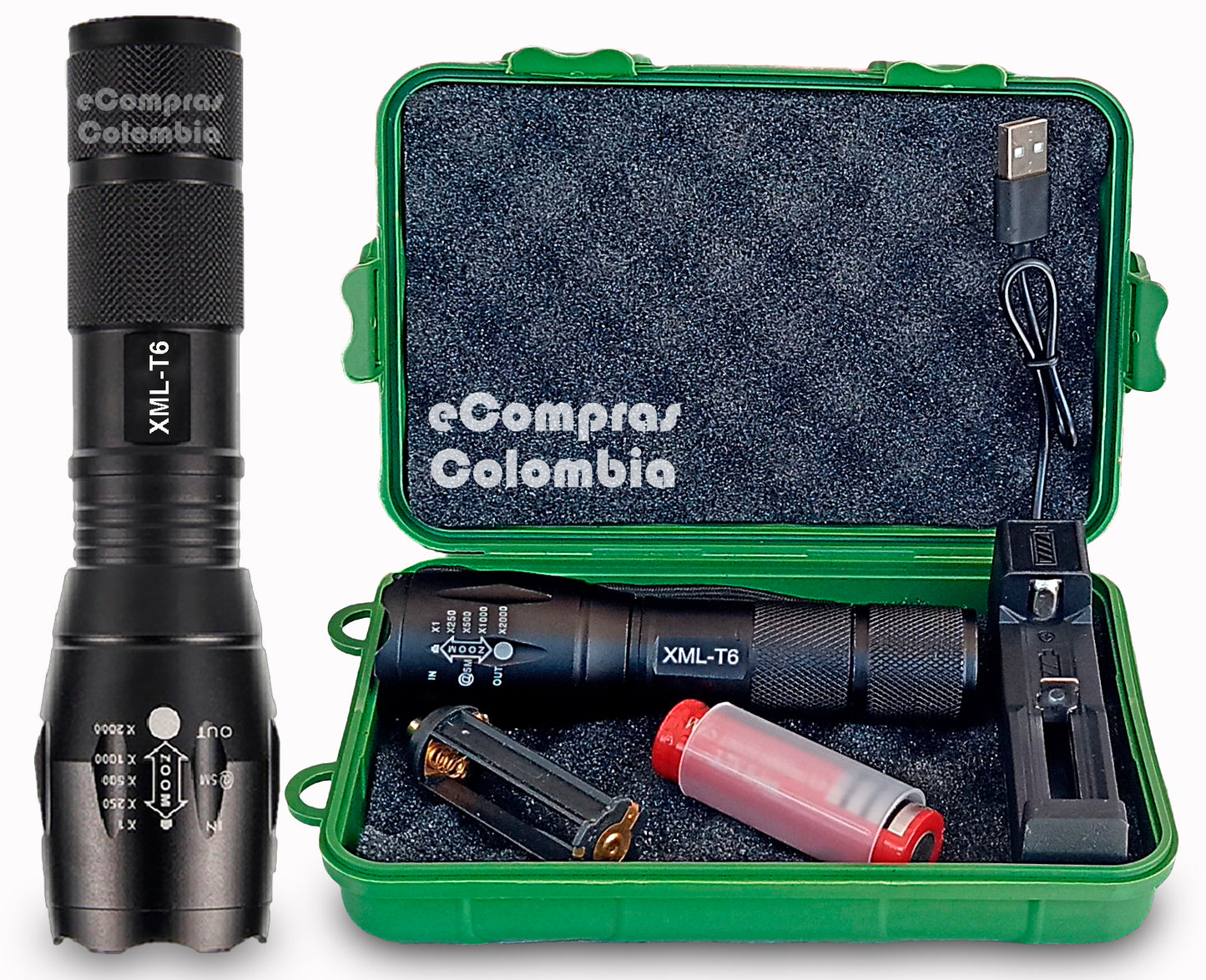 Linterna táctica UltraFire de 15000 lúmenes con zoom ajustable, batería 18650 y estuche militar verde.